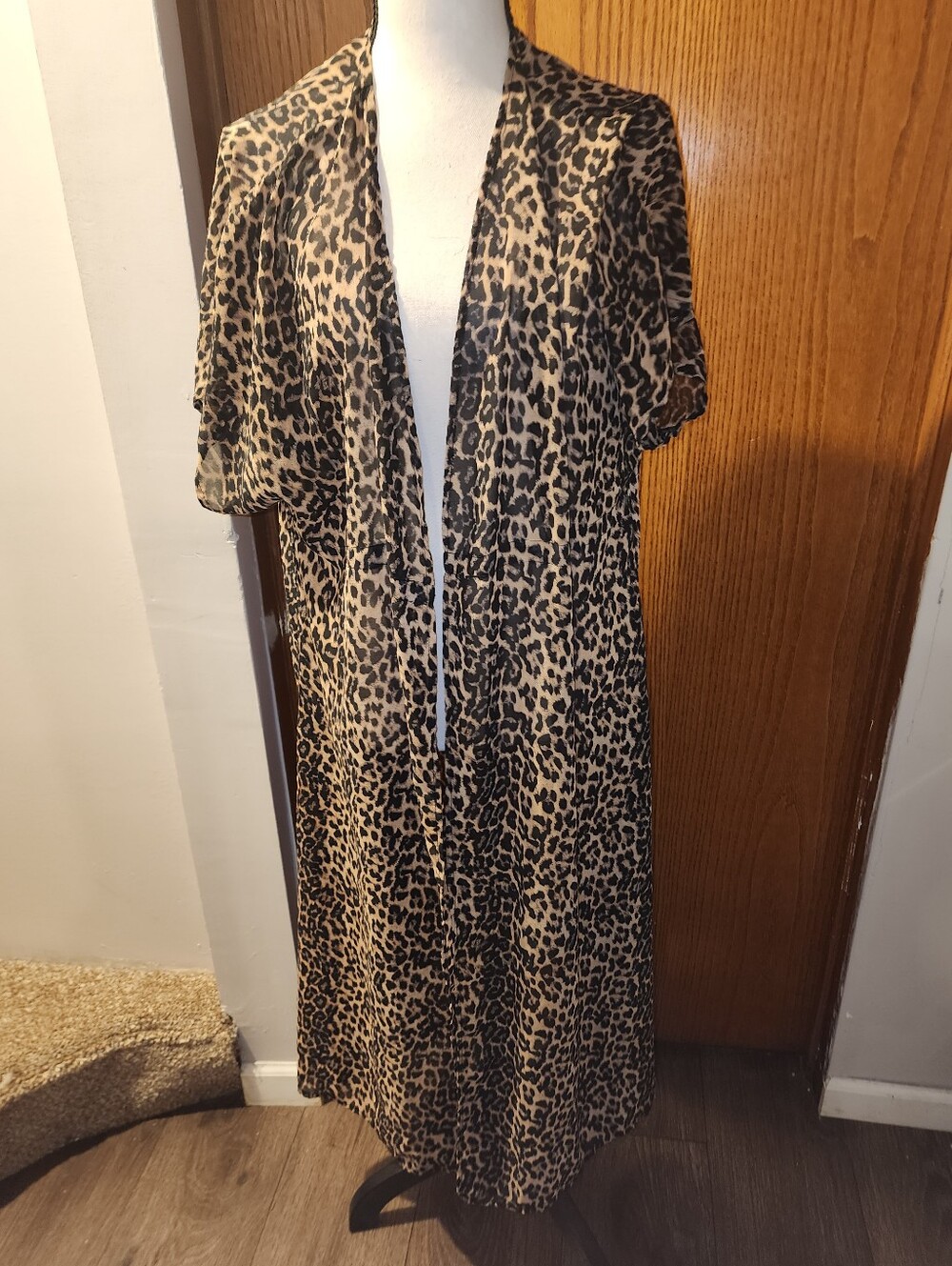 Leopard Print Open Front Maxi Duster CoverUp Tan & Black L/XL